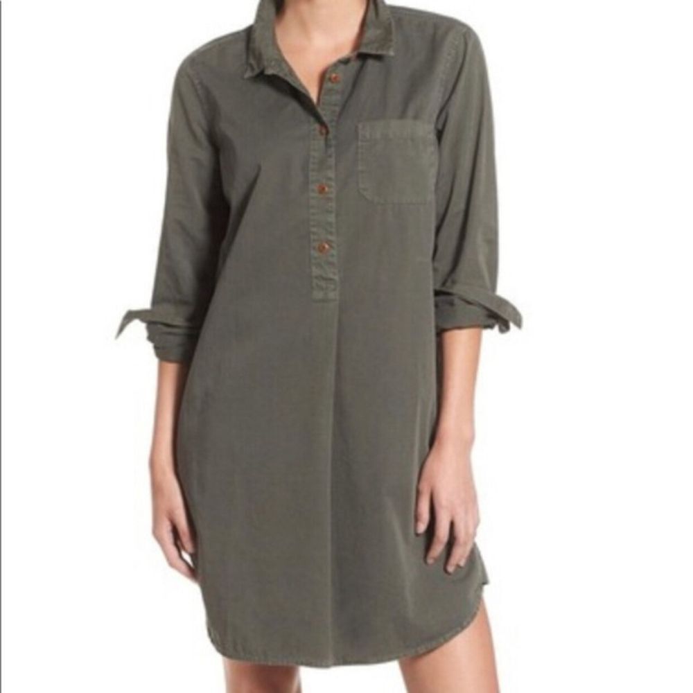Madewell Olive Green Long Sleeve Shirt Dress 100% Cotton, Small